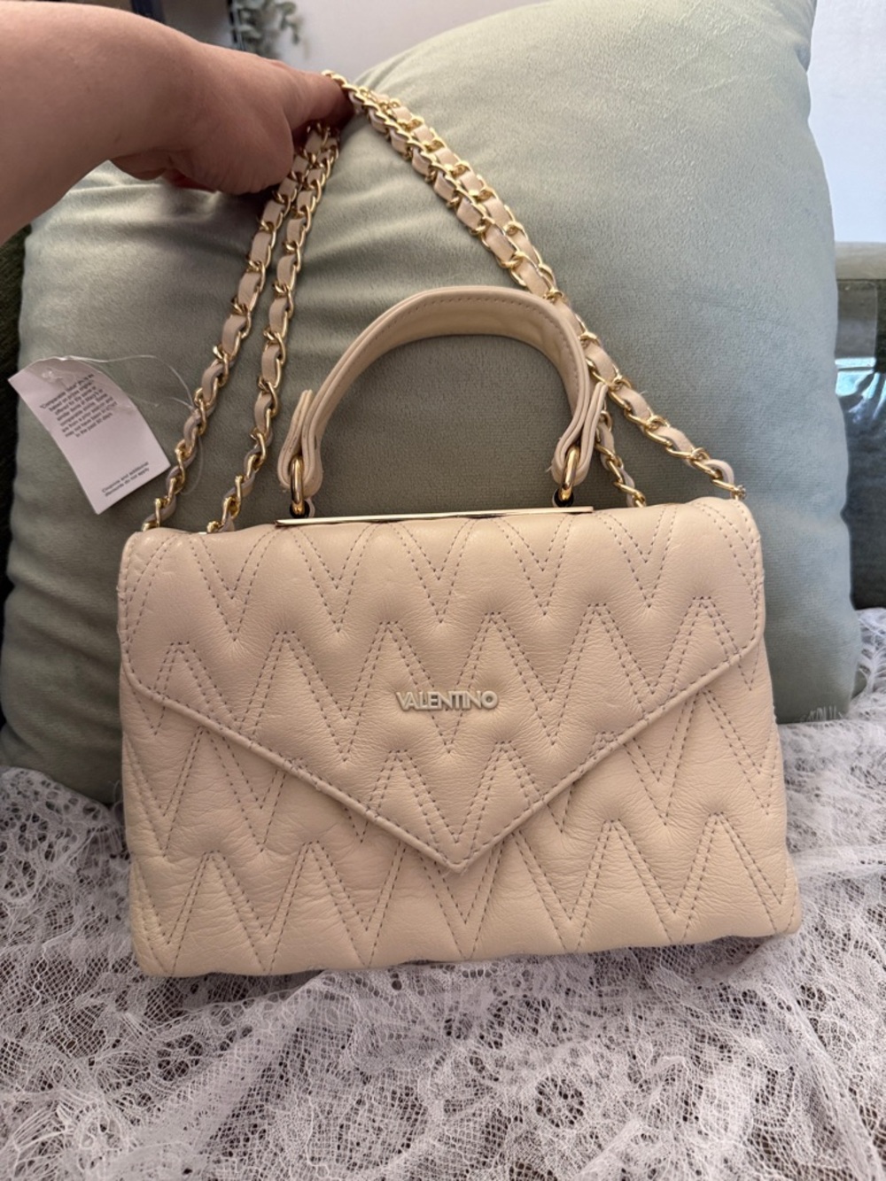 Valentino Cream Quilted Top-Handle Satchel with Gold Chain Strap